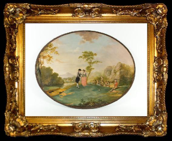 framed  Edward Bird Decorated oval japanned tray base with painted scene from Tristram Shandy, signed and attributed to Edward Bird., ta009-2